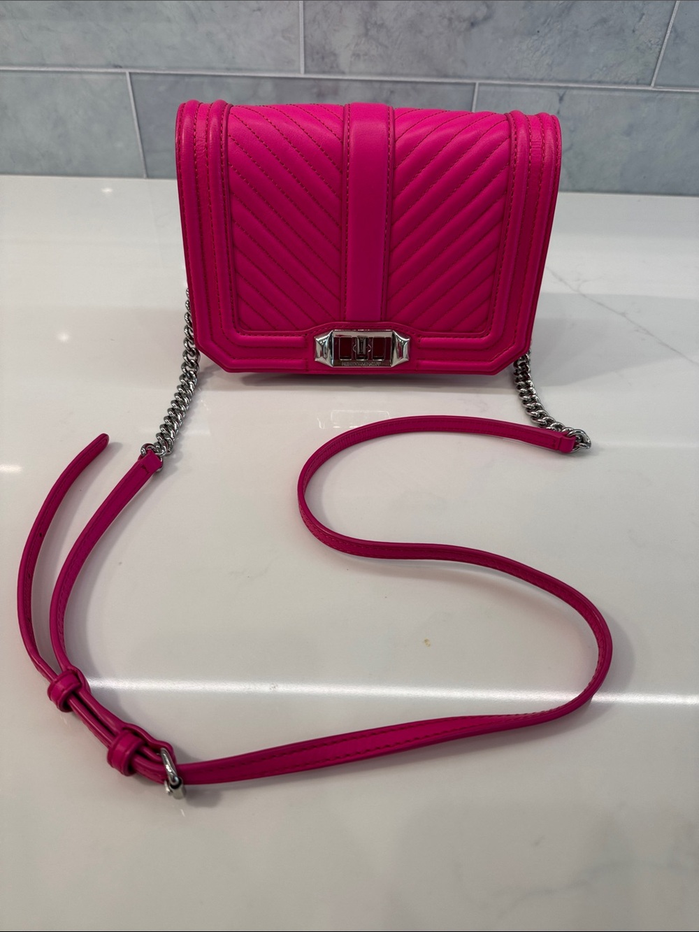 Rebecca Minkoff Hot Pink Quilted Crossbody with Silver-Tone Turnlock - Picture 3 of 4